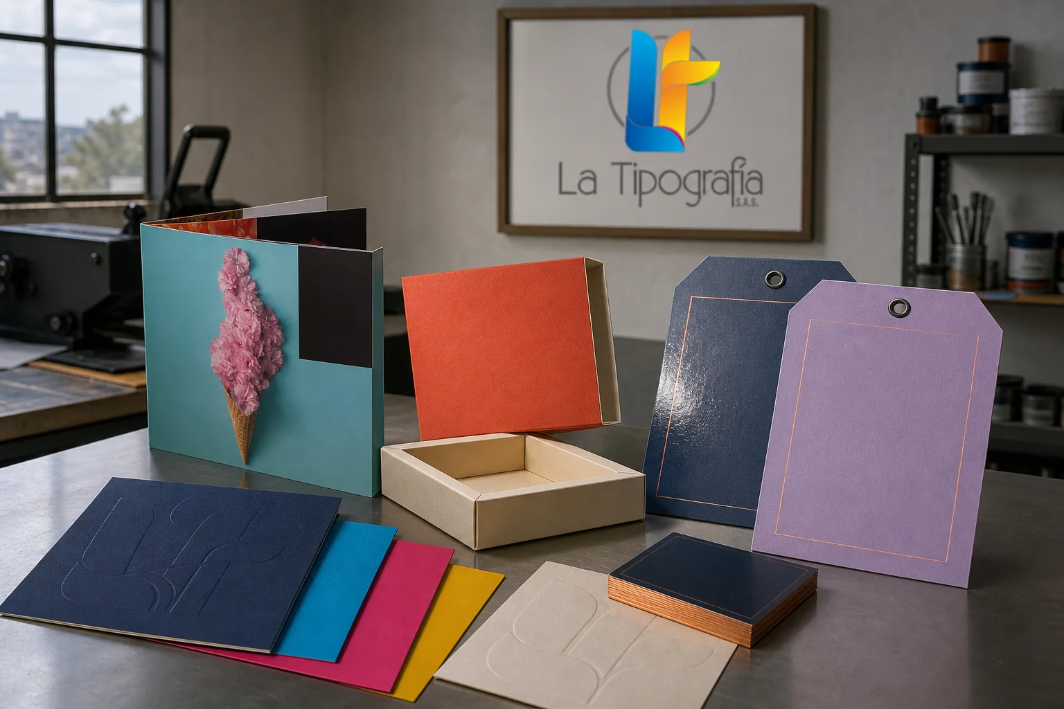 Recreación de productos impresos con diferentes superficies, relieves y formas en una planta gráfica