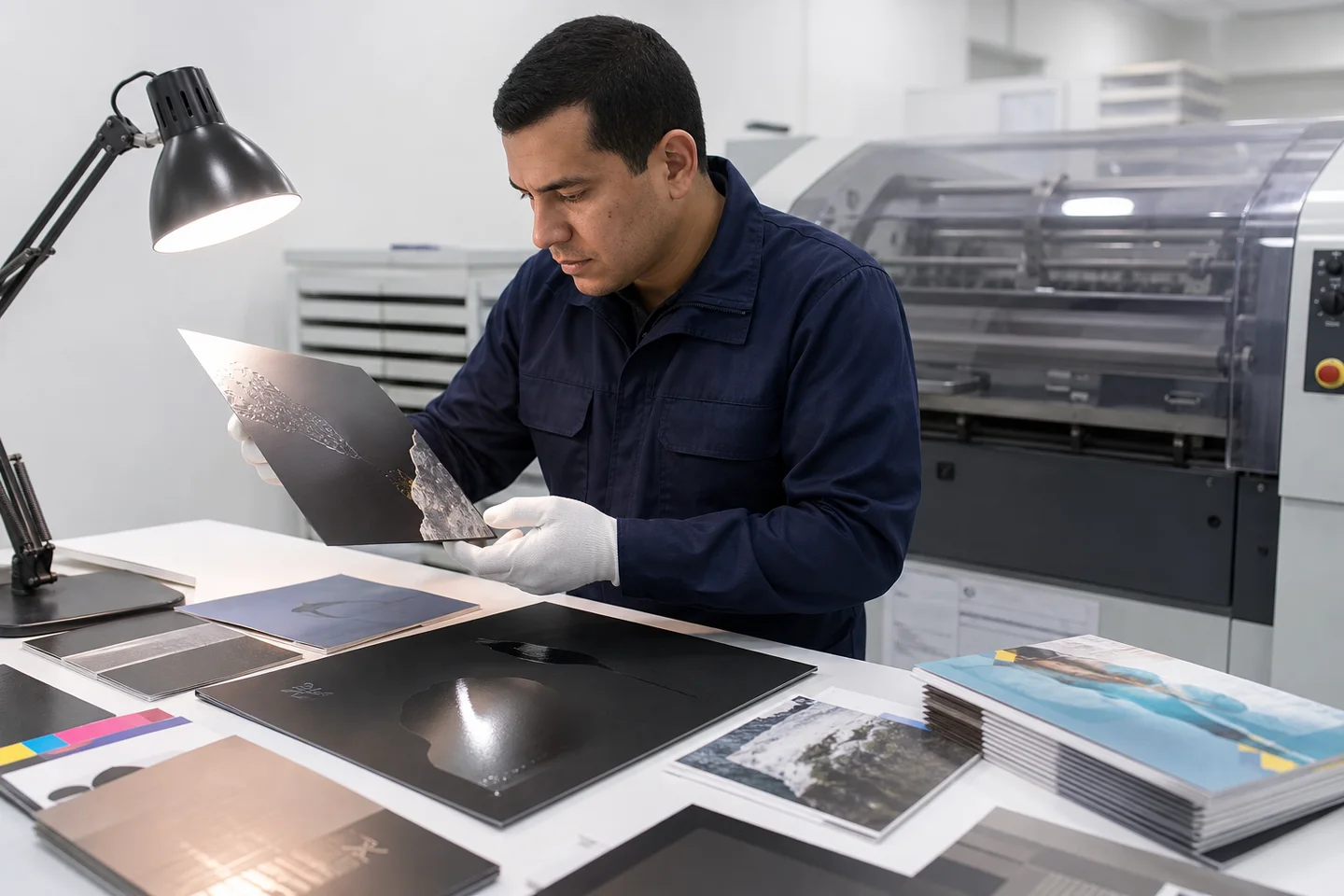 Recreación de un especialista inspeccionando laminados, brillo y detalles metalizados en piezas impresas