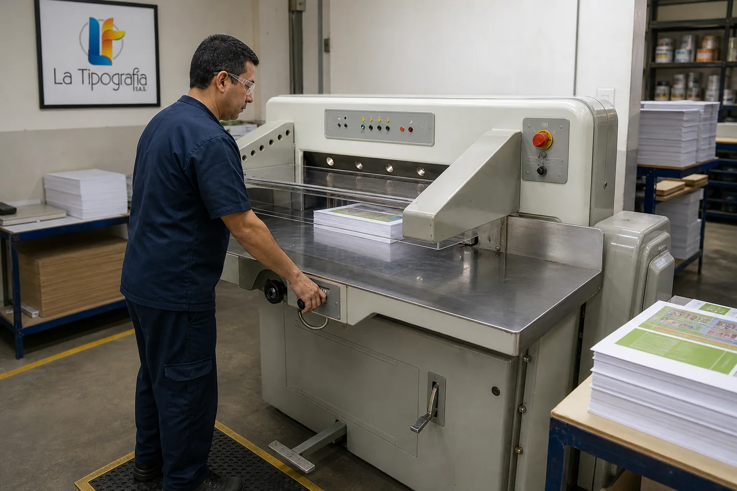 Recreación de un operario usando los controles externos de una guillotina industrial con la protección cerrada