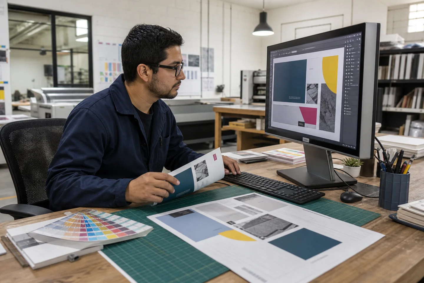 Recreación de un diseñador revisando una pieza gráfica y comparándola con muestras impresas