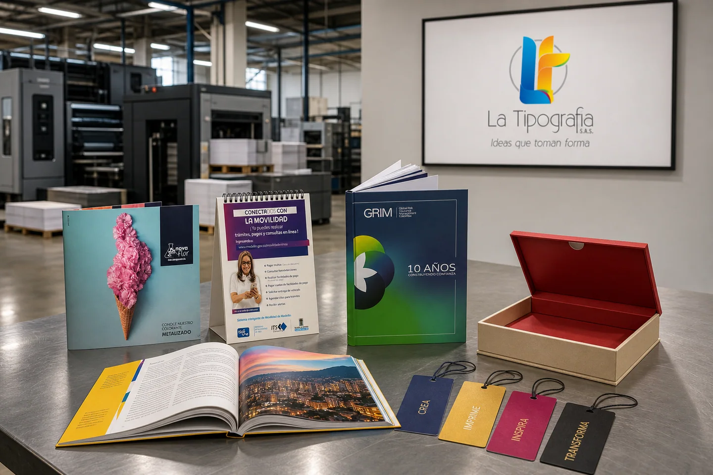 Productos impresos terminados sobre una mesa de trabajo dentro de una planta de producción gráfica