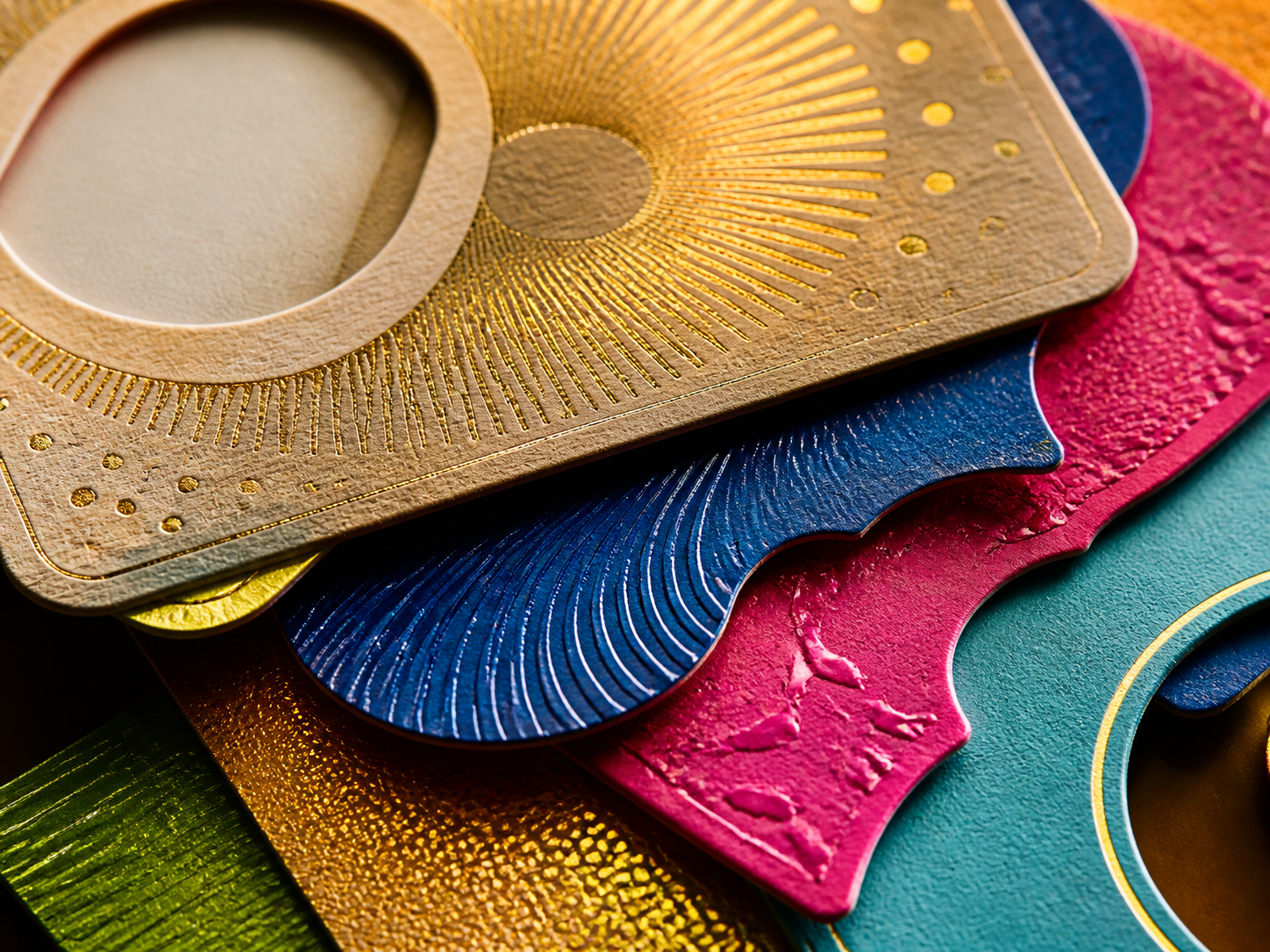 Detalle de piezas impresas con acabados texturizados y foil.