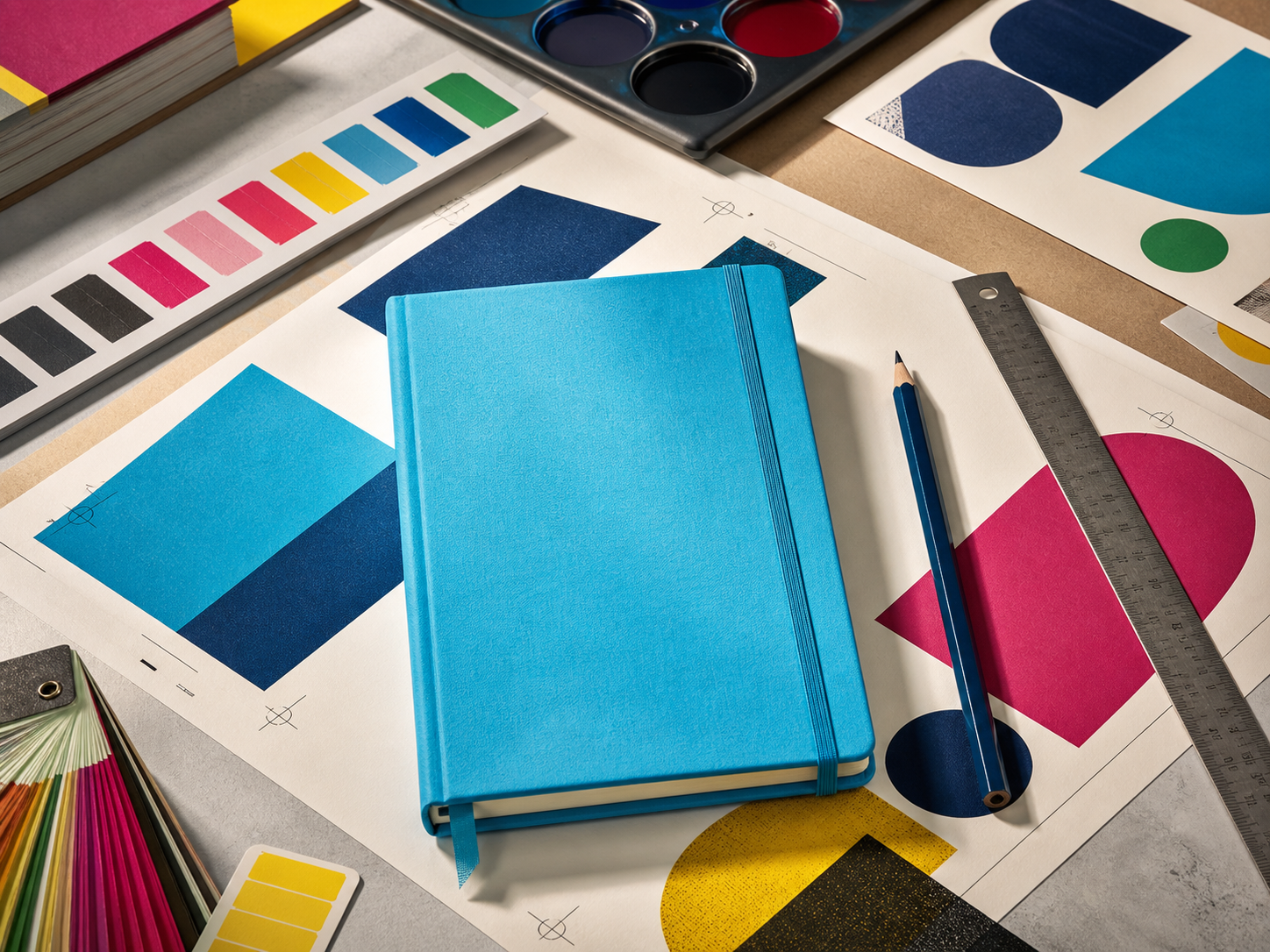 Mesa de trabajo con cuaderno, muestras de color y piezas gráficas.